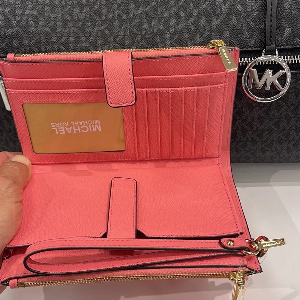 MICHAEL KORS LARGE DOUBLE ZIP WRISTLET WALLET PHONE CASE CLUTCH Tea Rose NWT